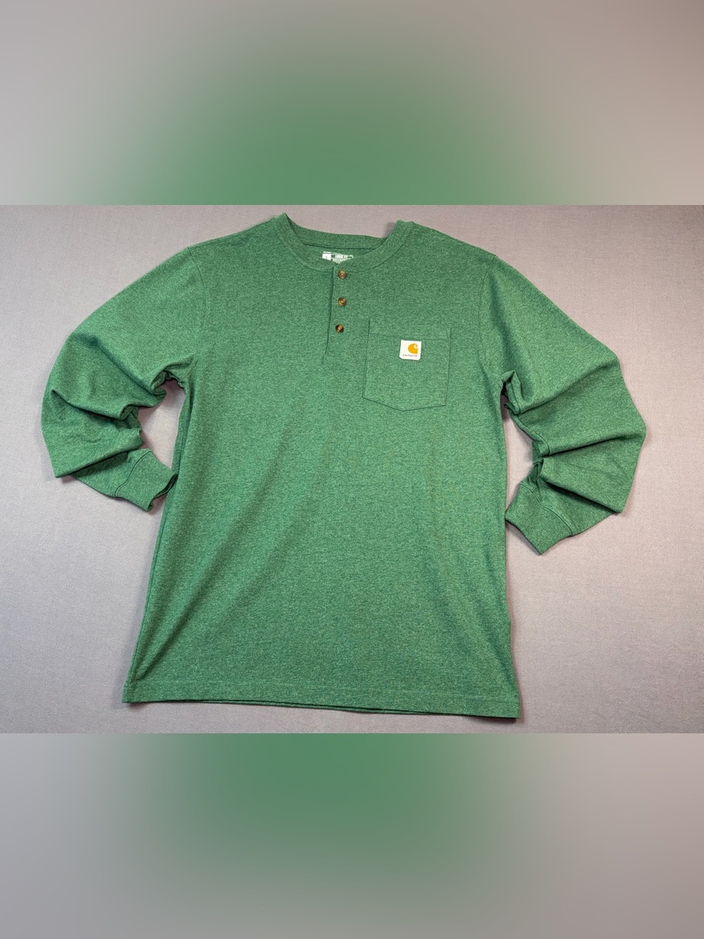 Carhartt T Shirt Mens Small Green Henley Long Sleeve Pocket Workwear Loose Fit